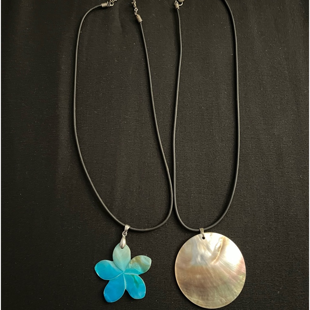 Set of 2 vintage Abalone necklaces on black rubber cords from Hawaii